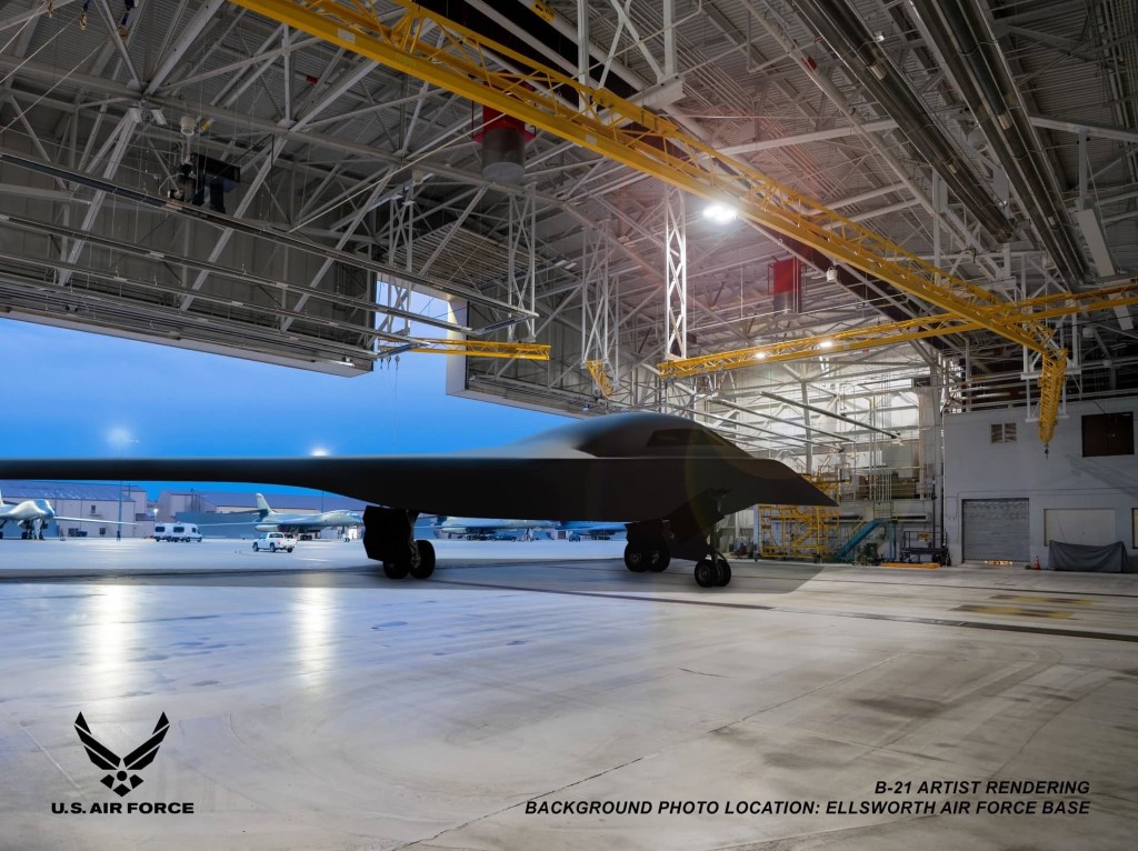 A rendering of the B-21 in a hangar at Ellsworth Air Force Base, one of the bases expected to host the new airframe