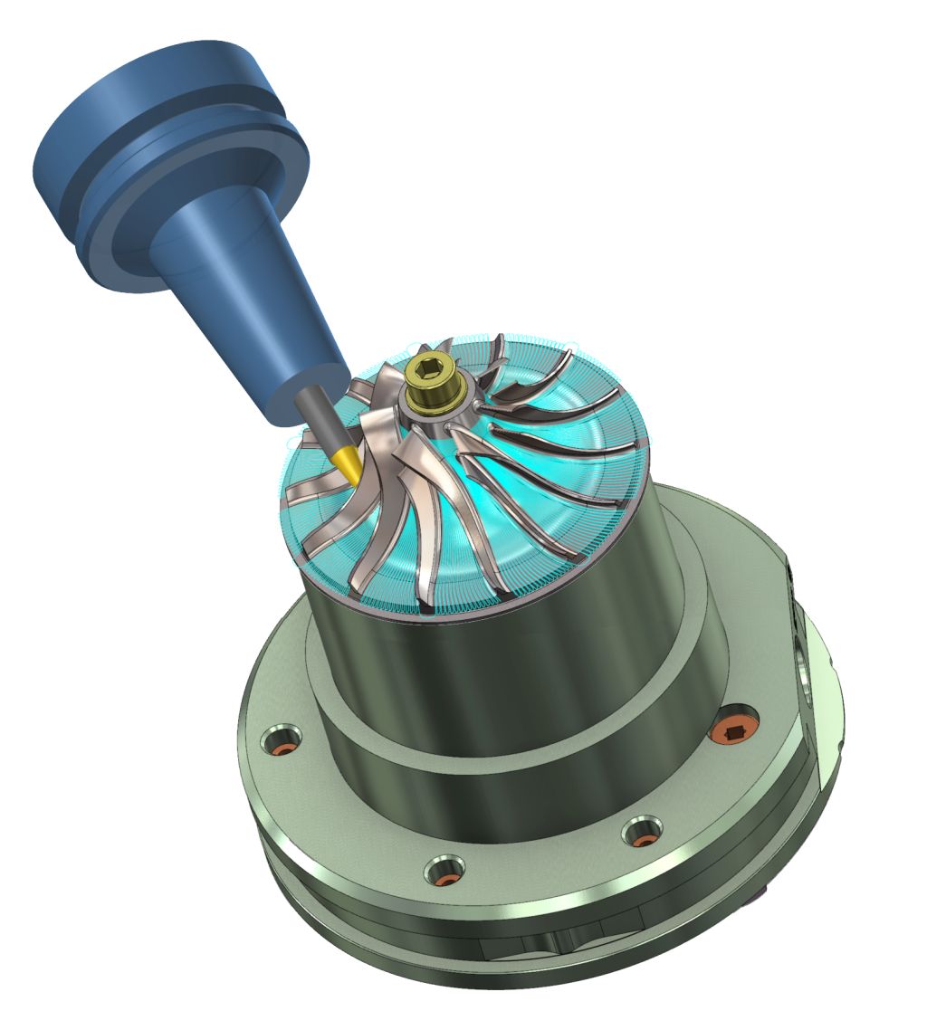 A screenshot of wheel compressor, programmed in Mastercam
