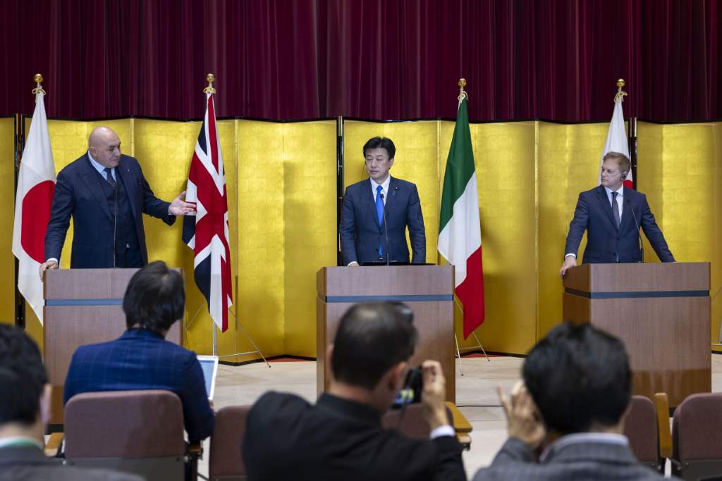 UK defence secretary, Grant Shapps (right), at a trilateral meeting with his Italian and Japanese counterparts Guido Crosetto (left) and Minoru Kihara in Tokyo Japan